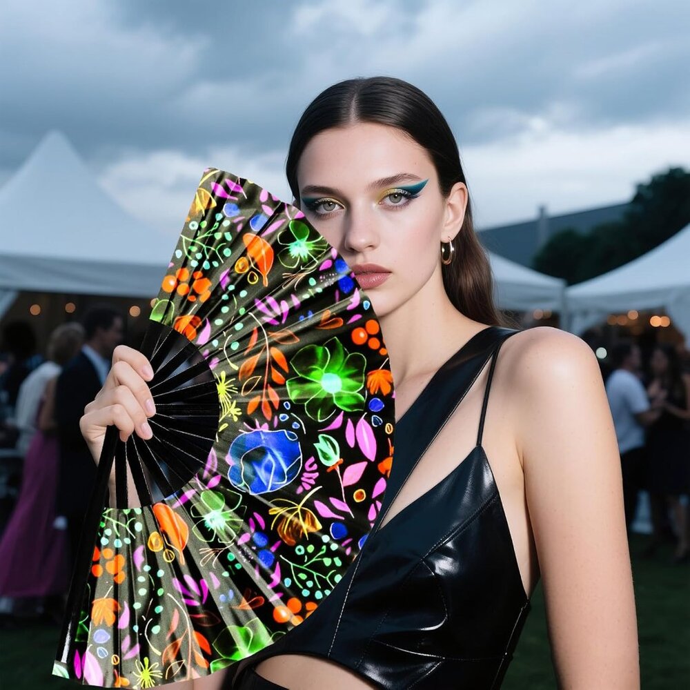 Large Folding Hand Fan, UV Glow Fan for Rave, Festival Folding Hand Fan for Wome - Picture 6 of 7